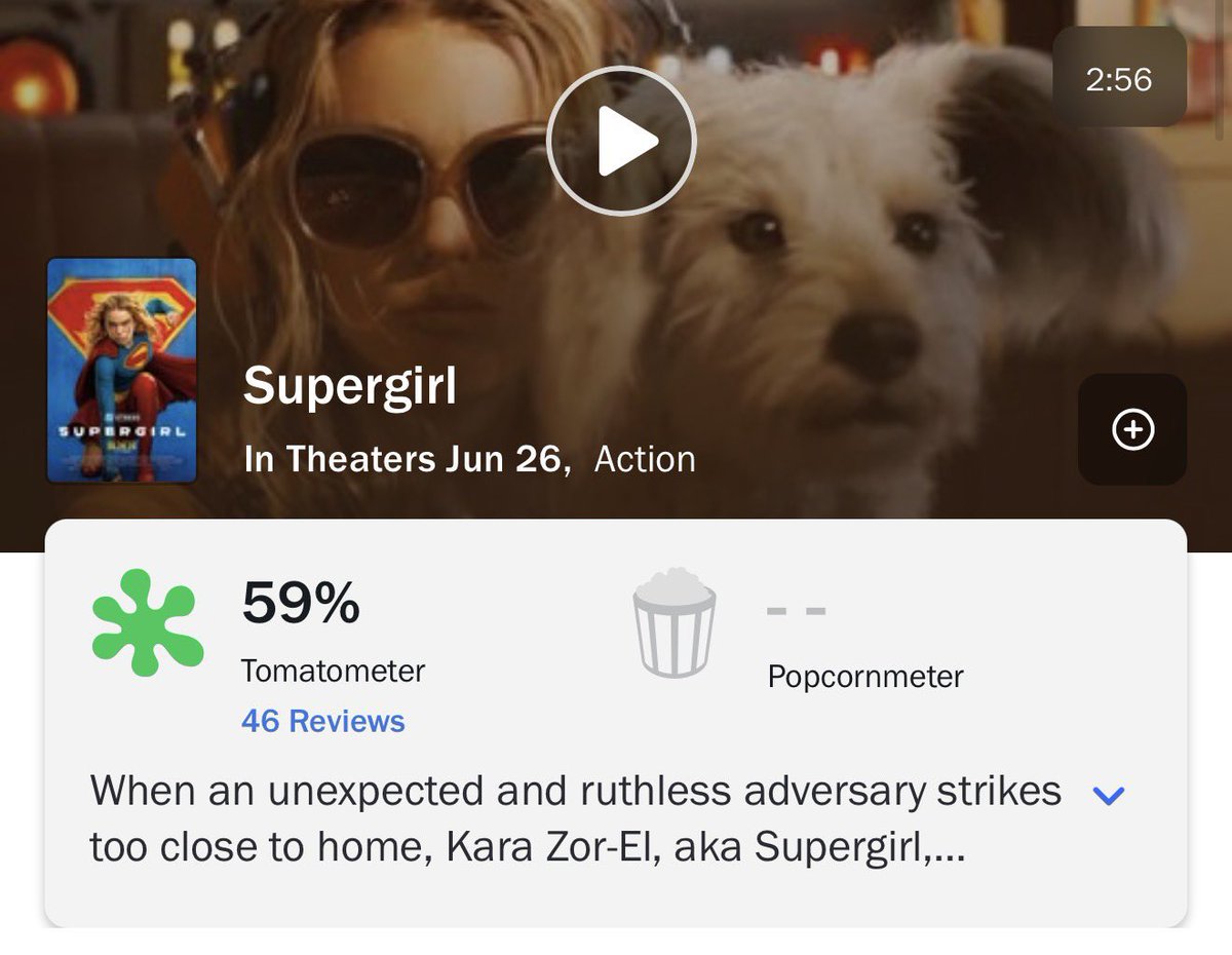 elephantbridge's tweet photo. Citizen vigilante vs supergirl 

94% vs 59% 

I think we all know what film to watch this weekend https://t.co/ED3xKkxPou