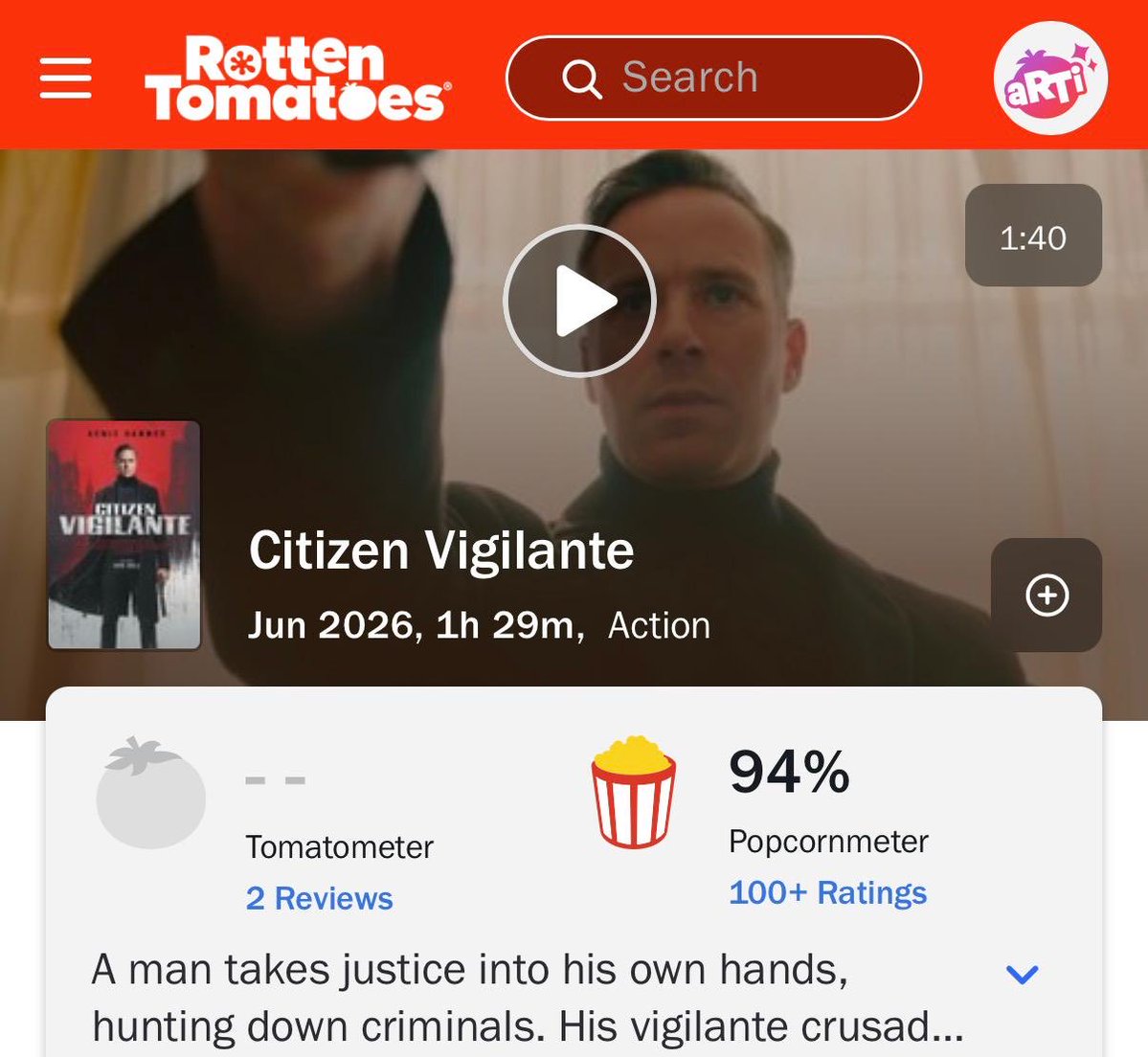 elephantbridge's tweet photo. Citizen vigilante vs supergirl 

94% vs 59% 

I think we all know what film to watch this weekend https://t.co/ED3xKkxPou