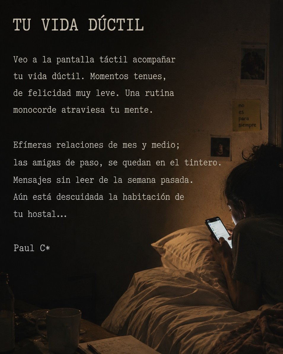 PaulC123A's tweet photo. #Poesía #PoesíaContemporánea #VidaDúctil #SoledadDigital #Melancolía #VínculosEfímeros #RelacionesFugaces #MensajesSinLeer #Rutina #Nostalgia #VidaCotidiana #VersoLibre #Literatura #Escribir #PoemaDelDía https://t.co/LoBvRU2ozX