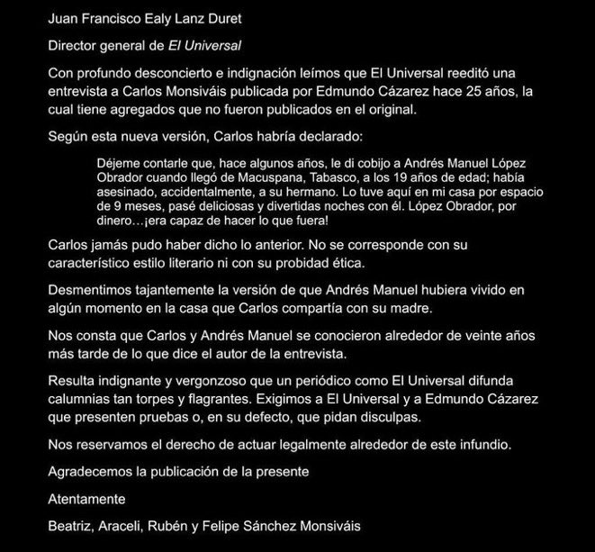 DavidVargasA18's tweet photo. La familia de Carlos Monsiváis, desmiente la falsa entrevista que publicó Edmundo Cázares en El Universal:

@RicardoBSalinas @hdemauleon @CartonCalderon.
 
La ultraderecha, se queda con su calumnia. 

Ricardo Salinas Pliego, sigue molesto porque le gritaron #LaPerritaDeTrump
RT👇 https://t.co/wzlZ5U26BD