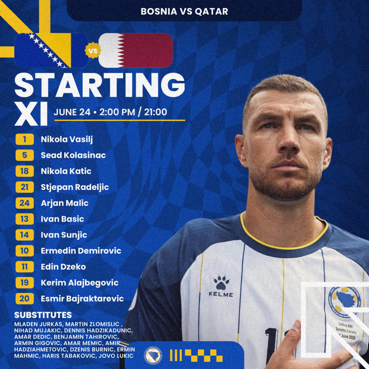 ZmajMedia's tweet photo. BOSNIA STARTING XI VS QATAR 

#zmajmedia #soccer #worldcup #reprezentacijabih #zmajevi https://t.co/JHOviQAHiy