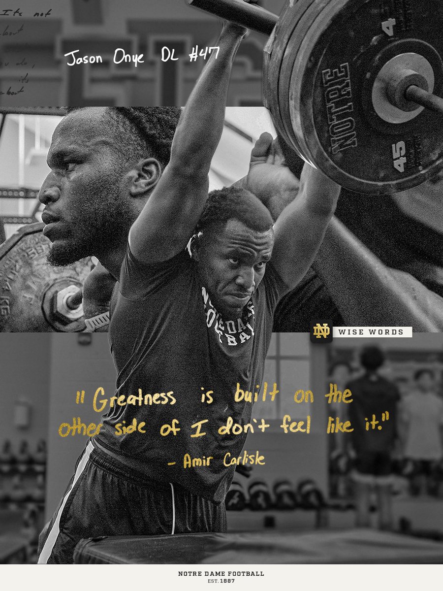 NDFootball's tweet photo. “I’ve learned that the days you least feel like showing up are usually the days that matter most. That’s where growth happens, and that’s how greatness gets built.”

Wise Words | @jason_onye 

#GoIrish☘️ https://t.co/uqEYJly28r