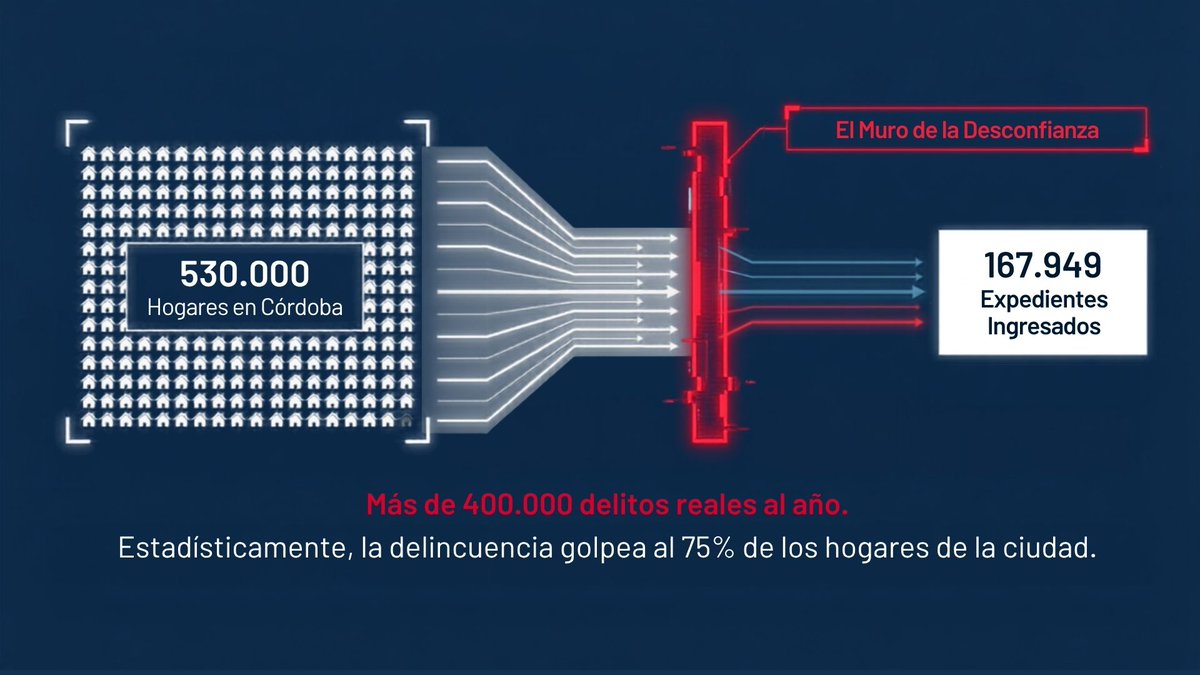 sebagarciadiaz's tweet photo. INSEGURIDAD EN CORDOBA: ¿DE QUE ESTAMOS HABLANDO REALMENTE? (teléfono para @MartinLlaryora y para @QuinterosJP) 

Anticipamos información de lo que presentaremos la semana que viene desde @CCivilitas. 

En la ciudad de Córdoba hay aproximadamente 530.000 hogares. 

Al analizar el volumen de delincuencia que procesa el sistema penal, el último tablero oficial del Centro de Gestión Estratégica del Poder Judicial registra 167.949 expedientes ingresados en las Unidades Judiciales de la sede Capital.

Sin embargo, debido a que la "cifra negra" criminal indica que solo se denuncia aproximadamente 1 de cada 3 delitos por el desincentivo burocrático, podemos proyectar un universo real de más de 400.000 hechos delictivos anuales en el ejido urbano. 

Podríamos decir que la delincuencia golpea al año al 75% de los hogares de nuestra ciudad.

Otra forma de dimensionar este descontrol en la Capital es que se registran 460 denuncias formales por día solo en las Unidades Judiciales (lo que equivale a 19 delitos denunciados por hora). 

Si sumamos los hechos que los vecinos no denunciamos por frustración, la realidad nos golpea con un estimado de 1.100 delitos diarios, o lo que es igual, 45 delitos por hora.

¡De estos números estamos hablando!
Desperonizar Córdoba