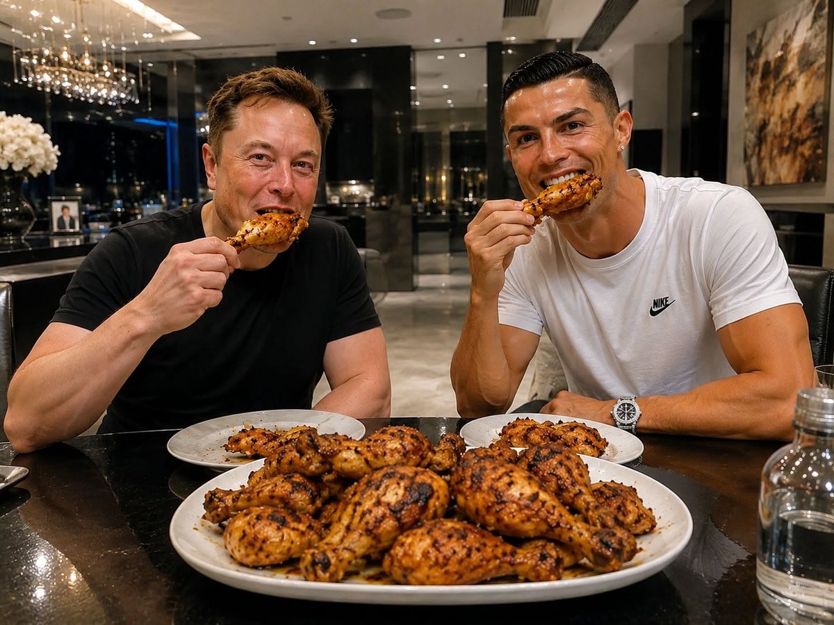 1manikhanyeor's tweet photo. Be honest 👇 

Elon Musk and Cristiano Ronaldo invite you to dinner. Who are you sitting next to? 🍗 

A. Elon Musk 🚀
B. Cristiano Ronaldo ⚽
C. Both 🤝
D. I'll take the chicken 🍗 https://t.co/tpufXDAe3H