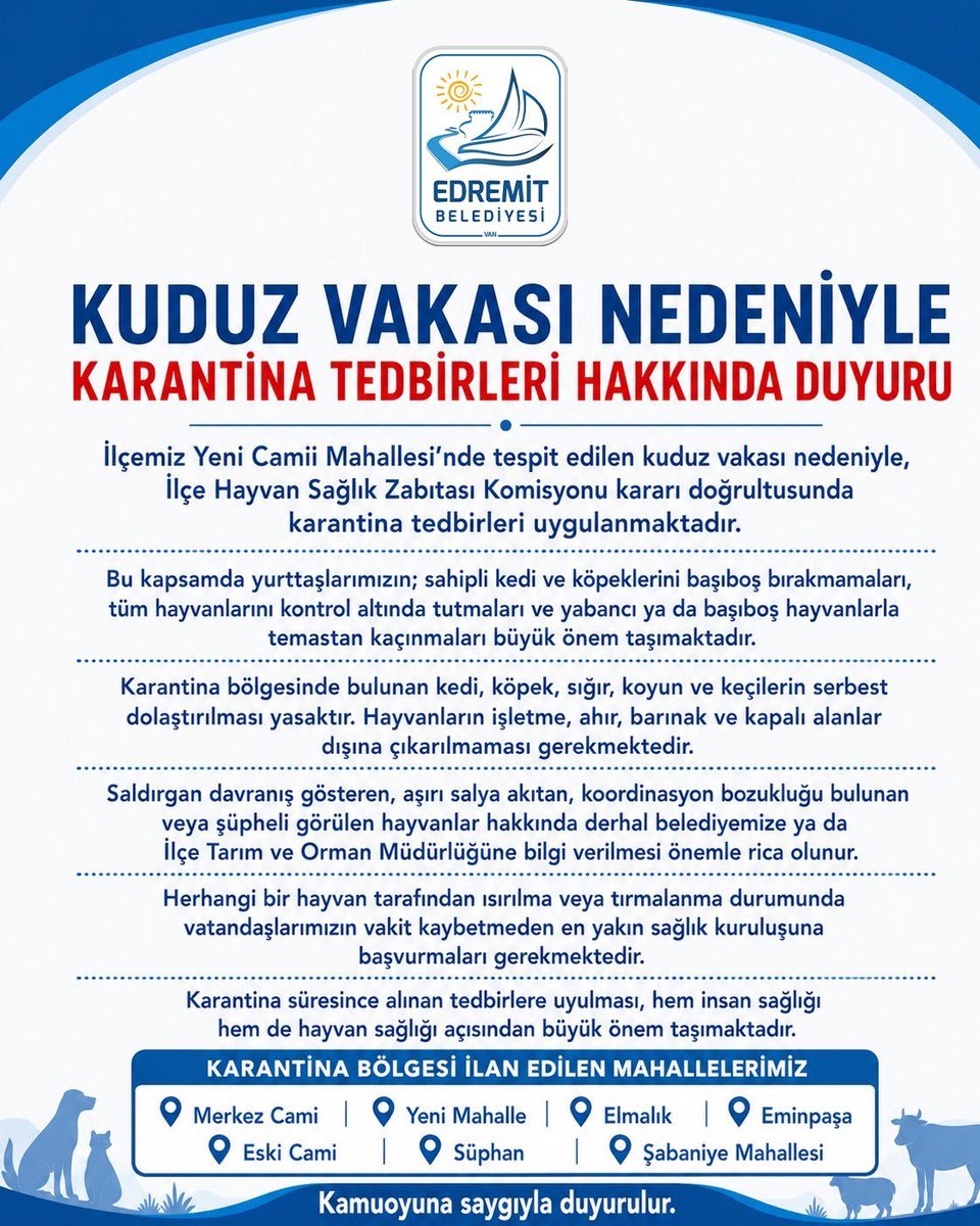 GusoderX's tweet photo. 🔴 SON DAKİKA | Van’ın Edremit ilçesinde bir köpekte kuduz tespit edilmesi üzerine bazı mahallelerde karantina tedbirleri uygulanmaya başlandı.

@edremitbldvan I @tcvanvaliligi I @mustafaciftcitr https://t.co/2zzsCN65sG