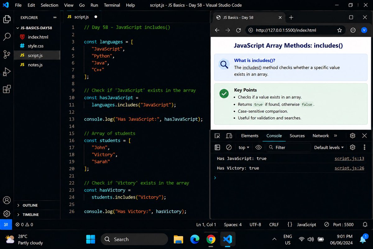 victory_dev's tweet photo. Day 58 π
β¨
Learned JavaScript includes() today
β¨
Practiced:β¨β’ includes()β¨β’ Searching arraysβ¨β’ Boolean valuesβ¨β’ Data validation
β¨
#javascript #100DaysOfCode https://t.co/x687LZZnL4
