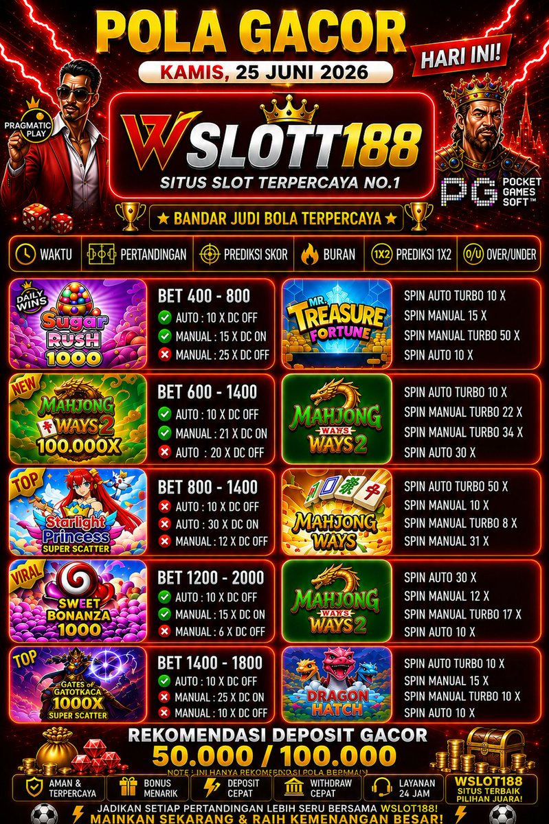 WSLOT188COM's tweet photo. 🎰 INFO SLOT GACOR HARI INI!
🗓 25 JUNI 2026
🔥 RTP LAGI NAIK! WAKTUNYA CUAN!
📍 Main di #WSLOT188
✅ Bonus New Member 20%
✅ Bonus Bola 10%
🎁 Event Slot + Spin Wheel Setiap Hari
💸 Deposit cuma 10K (Bank,, QRIS)

📲   https://t.co/Pj5ZHbhlNS
⚠️ Main bijak, bet sesuai saldo! https://t.co/1r7SGAppXH
