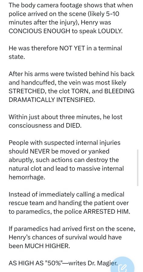 Banksycat's tweet photo. They told us handcuffing Henry Nowak made NO difference. A combat medicine doctor just CONTRADICTED that. He says the handcuffs didn't change nothing, they CHANGED EVERYTHING. Henry Nowak could have LIVED. THREE MINUTES after they cuffed him, he was DEAD.

Here’s what some of the new transcript actually shows.

Three minutes in, the male officer says he's not breathing. Cuffs off. CPR starts. “Come on. I got you.” Mate. Bro. Genuinely trying.

Then he whispers, “He's fu*cking gone. Blood's coming out his nose.” Keeps going anyway.

Eight minutes after Henry told them, same officer, hands still mid compression. “He's got a stab. I'm pushing on a fucking stab wound.”

He didn't get told. He FELT it. Under his own hands.

That makes it worse, he says. It does. Now he knows exactly what they missed for eight minutes, and his own hands just proved it.

The female officer who found it replies. “It's fine. It's not coming out. It's fine. Keep going. Keep going. It's not bleeding out.”

She's just confirmed an active stab wound on a dying boy. Her response is to talk it down.

Gurpreet's 999 call told the operator Henry needed medical attention. They turned up with CUFFS. The operator asked once about injuries, heard bleeding from the mouth, moved on. Asked THREE TIMES what racist thing was said. “That's what I needed to know.” One word outweighed a dying boy.

Henry told them himself. With his own mouth. Conscious. Clear. “I’ve been stabbed.”

The reply. “Don't think you have, mate.”

Not “let me check.” Not “show me.” A flat dismissal, because the man who'd put the knife in him got there first with a different story.

Henry was the one in cuffs. The man holding the actual KNIFE wasn't cuffed at all.

They wrenched his arms back to cuff him. The exact motion a critical care doctor says tore the clot holding his bleed shut.

Dr Magier didn't need a courtroom. Just a phone and a post mortem. Chest stab wounds kill under 5% of the time. One London trauma centre, 938 cases, under 1%. Even Henry's exact wound, the subclavian vein, is a coin flip if help's close. He wasn't unreachable, he was THREE MINUTES from a major trauma centre, conscious enough to speak in full sentences when they arrived.

The pathologist told the court none of that mattered. The judge repeated it at sentencing like it closed the case.

It didn't close anything. Bought three weeks, until a paediatrician on the Isle of Wight read the numbers out loud and the coroner ordered a jury inquest the next day.

Think about the sequence again, slowly. A boy is bleeding out. He tells the police the TRUTH. They believe the man who lied. They restrain the boy telling the truth. They check for the knife wound eight minutes later, almost as an afterthought, with a torch someone had to be asked twice to fetch.

Three days after he died, Hampshire Police drafted a statement calling Henry the AGGRESSOR. His parents stopped them. They did it AGAIN at the tribute stage. TWICE. CPS stepped in a third time, mid trial, warning them they were about to collapse their own murder case.

Four people built that lie around Henry's dying body. His mother walked off with the weapon. Convicted of assisting an offender, sentenced next month. His brother lied live on the 999 call, his father helped remove the knife at the scene, both now facing charges. Not for the lie that killed Henry. For a stash of weapons found at their house the next day. Twenty two charges between the three of them. None for the thing that actually mattered.

The officers who cuffed him. Six months on, still treated as witnesses, not suspects. Three no longer on front-line duties. One's already left the force, for an unrelated reason, apparently. IOPC investigation remains open.

Hampshire's own Police and Crime Commissioner said it plainly. He was not believed. He was not treated as a victim. Those words should have triggered an immediate and urgent medical response.

While a doctor laid out the numbers proving Henry had a real chance, Keir Starmer told the country there's NO two tier policing in Britain.

This isn't a story about one bad shift. It's a story about an institution trained to manage a narrative before it's trained to save a life. All 43 chief constables in England and Wales signed up to that guidance. Hampshire alone spent £861,737 making officers sit through it.

Henry Nowak gave them everything he had left. His voice. His account. His own diagnosis, spoken out loud while he still could.

They gave him eight minutes and a torch.