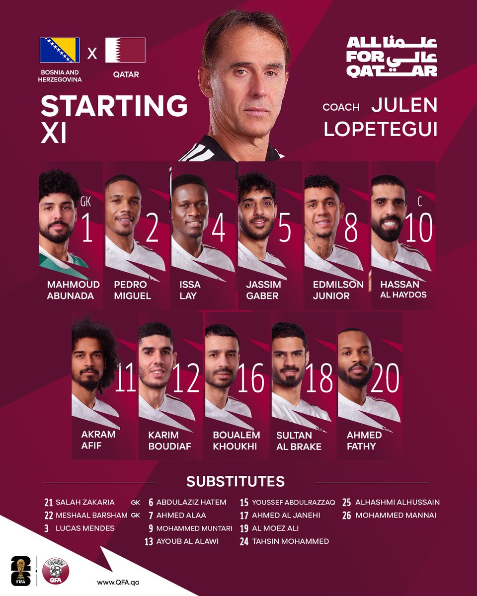 QFA_EN's tweet photo. 📋 | Here we go!

#AlAnnabi’s starting XI for our #FIFAWorldCup 2026™ match against BIH 🇧🇦🏆

#AllForQatar https://t.co/rUGlS5x7Ya
