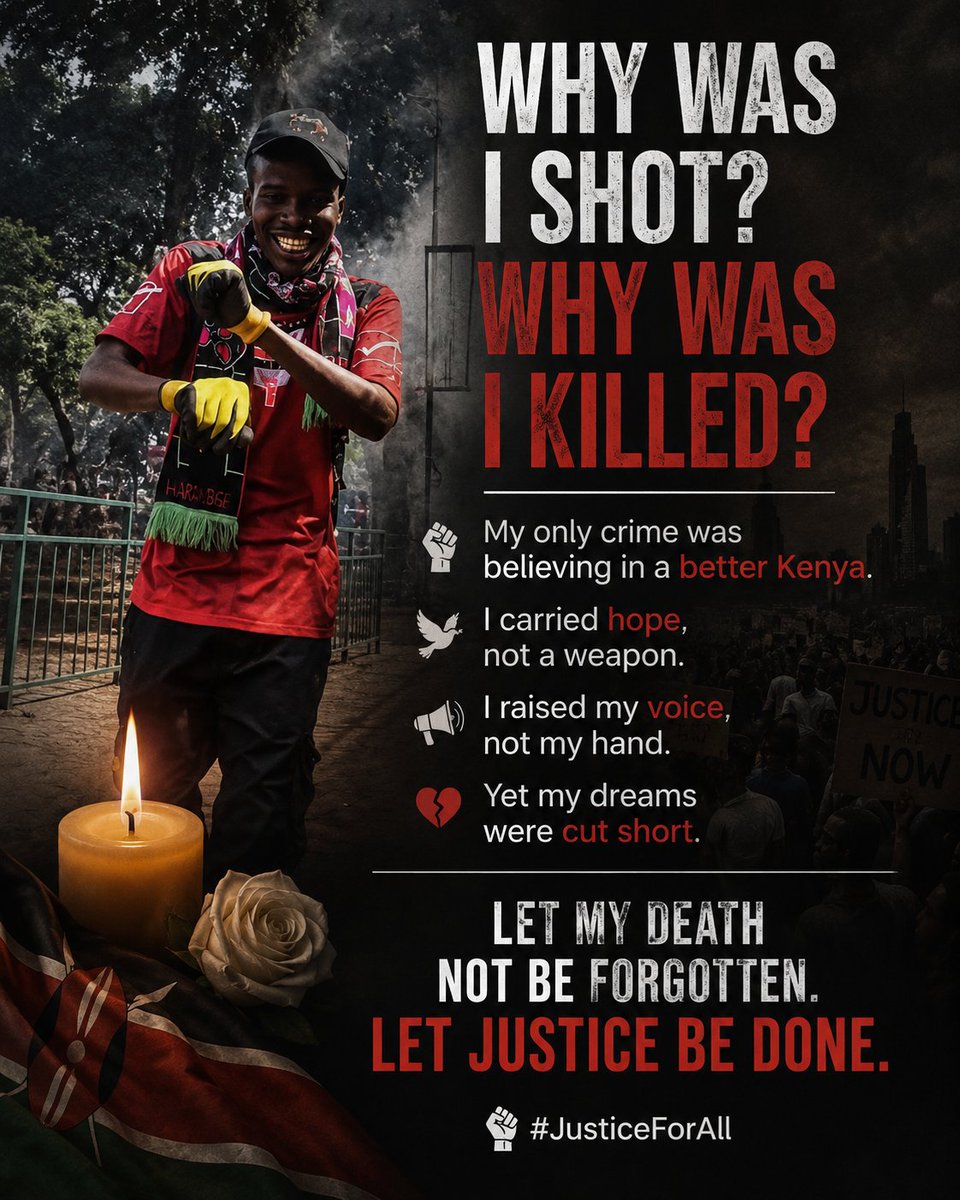 alex_kim_2's tweet photo. "Why was I shot? Why was I killed? My only crime was believing in a better Kenya. I carried hope, not a weapon. I raised my voice, not my hand. Yet my dreams were cut short. Let my death not be forgotten. Let justice be done." 🕊️🇰🇪💔✊🏾 https://t.co/gPPTU0zMwA