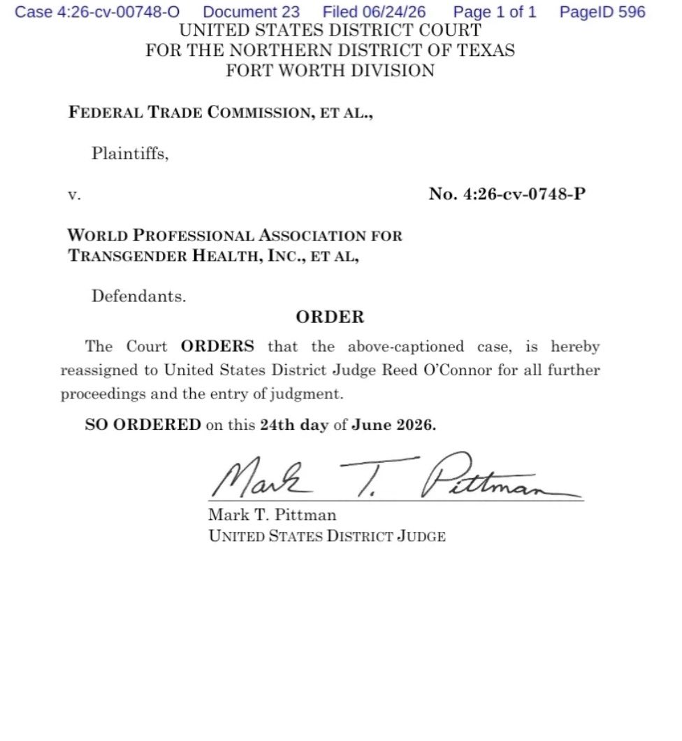 benryanwriter's tweet photo. NEWS: The FTC’s lawsuit against WPATH has been reassigned to Judge Reed O’Connor, who has a history of rulings that are highly sympathetic to conservative causes, such as overturning the ACA. 

This move signals trouble for WPATH, at least at this stage of litigation. https://t.co/M8J7giLcgX