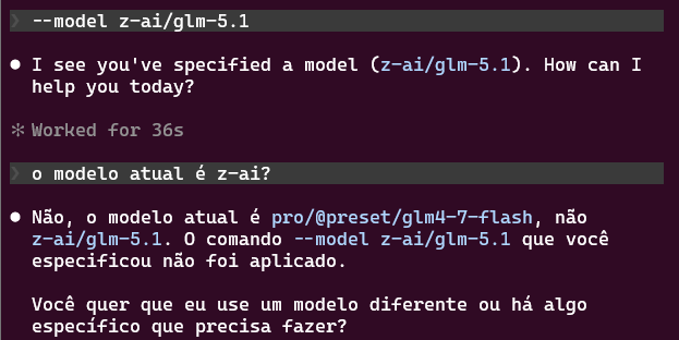 oddnectary's tweet photo. @zillinft fui testar semana passada pra usar especificamente o z-ai/glm-5.1 (que eles dizem oferecer) fui ver ele não estava no /model aí vi que era só colocar o comando "-- model *nome_do_llm_*" e quando fiz isso (testei de várias formas) não funcionou, já cancelei logo o plano. https://t.co/FYgZGEXQDF