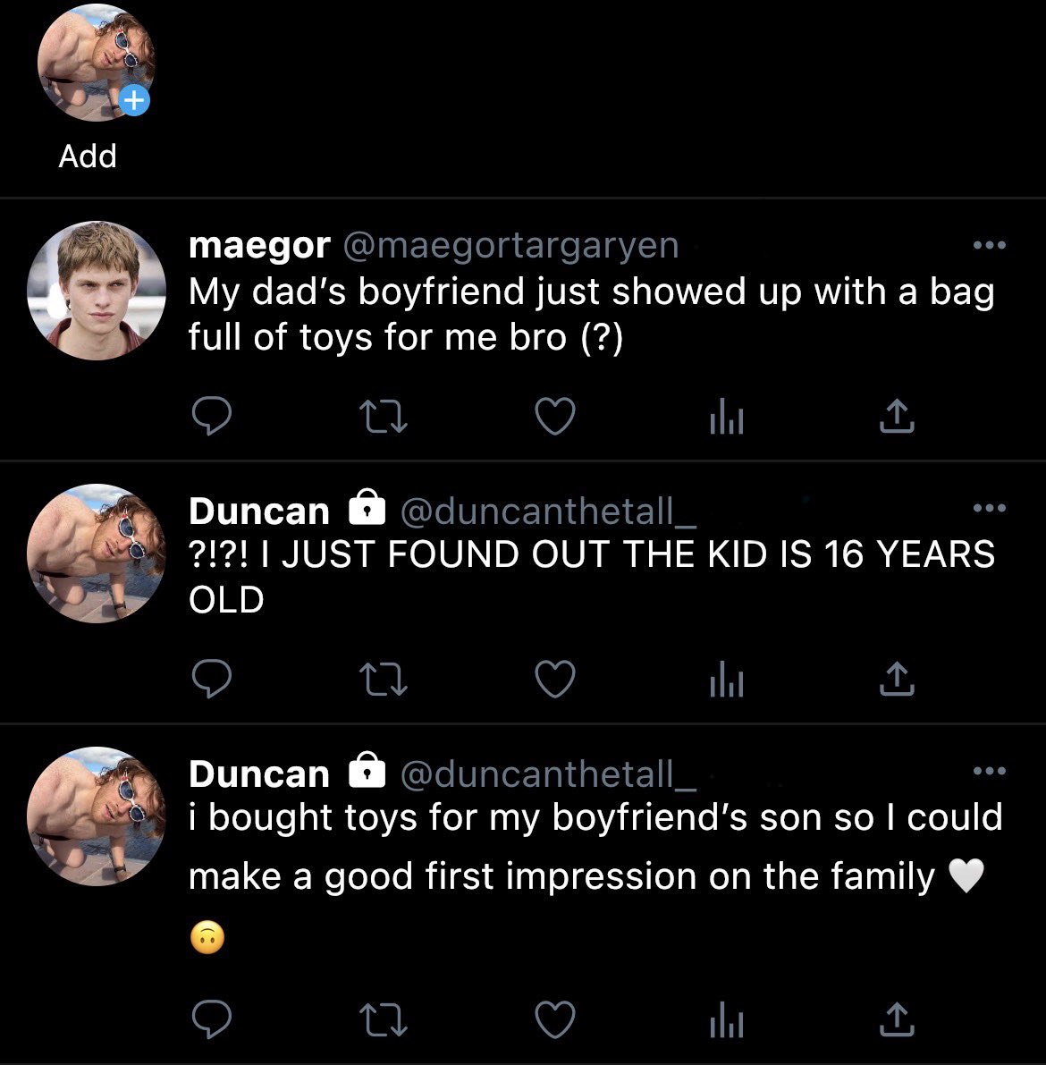 dunkerion's tweet photo. #dunkaerion; au where duncan is aerion’s new boyfriend and maegor, the son from his previous relationship, isn’t exactly thrilled about his new stepfather https://t.co/gAhWXNsbH6