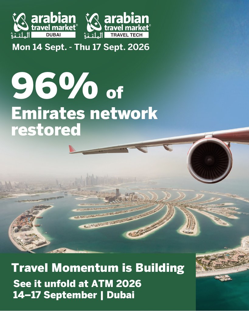 ATMDubai's tweet photo. Confidence is returning. UK FCO removes travel advisory for UAE. 96% of @Emirates network restored. 72% RAK occupancy. 
 
Join us at ATM 2026, Sep 14 – 17 in Dubai: https://t.co/OH9Nx5nQre
 
#ATM2026 #TravelRecovery #GlobalTourism #FutureOfTravel https://t.co/hY0NMPRbyk