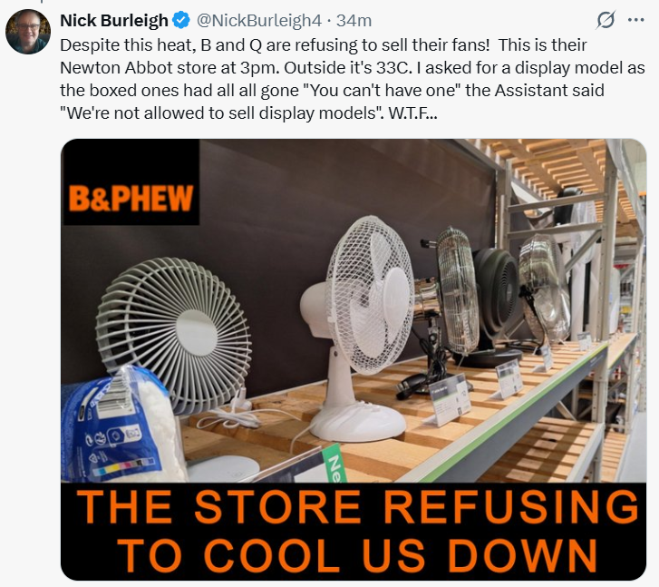NickBurleigh4's tweet photo. @LBC @NickFerrariLBC What a ridiculous situation when so much of the Country is under an amber or red heat alert https://t.co/nryYvetHxK