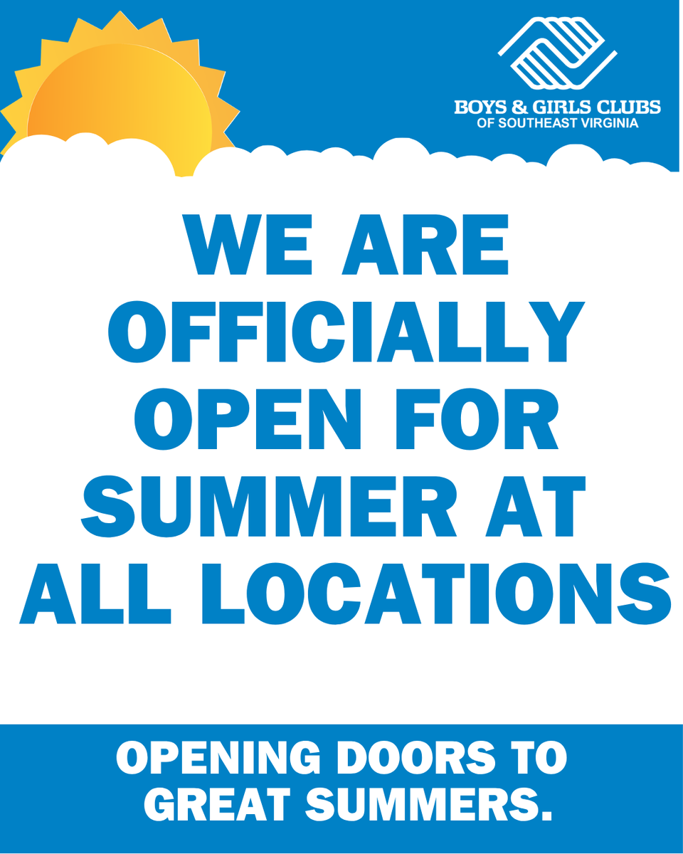 BGClubSeva's tweet photo. All Boys &amp; Girls Clubs of Southeast Virginia locations are open and running our summer programming. We’re excited for another great summer of  fun, field trips, learning, and so much more. See availability at your local Club today. https://t.co/4sEcgPWc9P