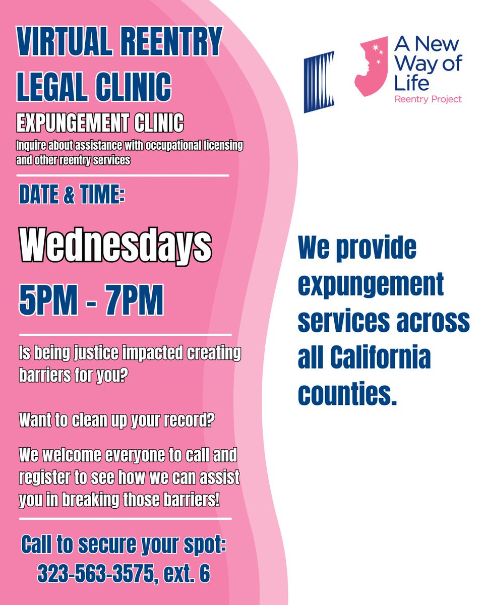 ANewWayofLife1's tweet photo. Is being justice impacted creating barriers for you? We welcome everyone to call and register to see how we can assist you in breaking those barriers!

If you would like to attend, call (323)-563-3575, ext 6.

#ANWOL #Reentry #LegalClinic #FreedomWork https://t.co/ACHOWqXckI