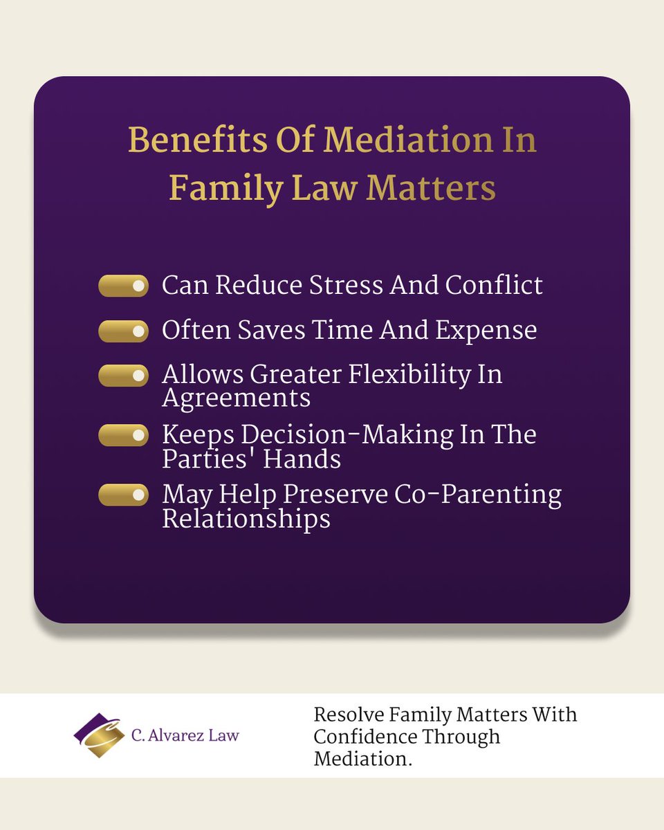 Calvarezlaw's tweet photo. Not every family law dispute needs to be resolved in a courtroom. Mediation provides a space for both parties to work toward mutually acceptable solutions in a more collaborative setting. For many families, mediation can help reduce conflict.

Learn more: https://t.co/RNxo6rYIxp https://t.co/t5ghN5ClX4