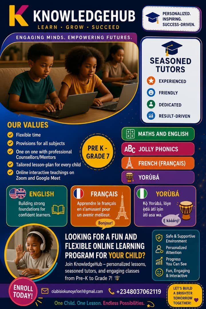 Soltrixng's tweet photo. @Cristiano @selecaoportugal Looking for a fun and flexible online learning program for your child? 🎓
Join KnowledgeHub — personalized lessons, seasoned tutors, and engaging classes from Pre-K to Grade 7!
📩 olabisiokunoye1on1@gmail.com
 | 📞 +2348037062119 https://t.co/sUbcikMmxv