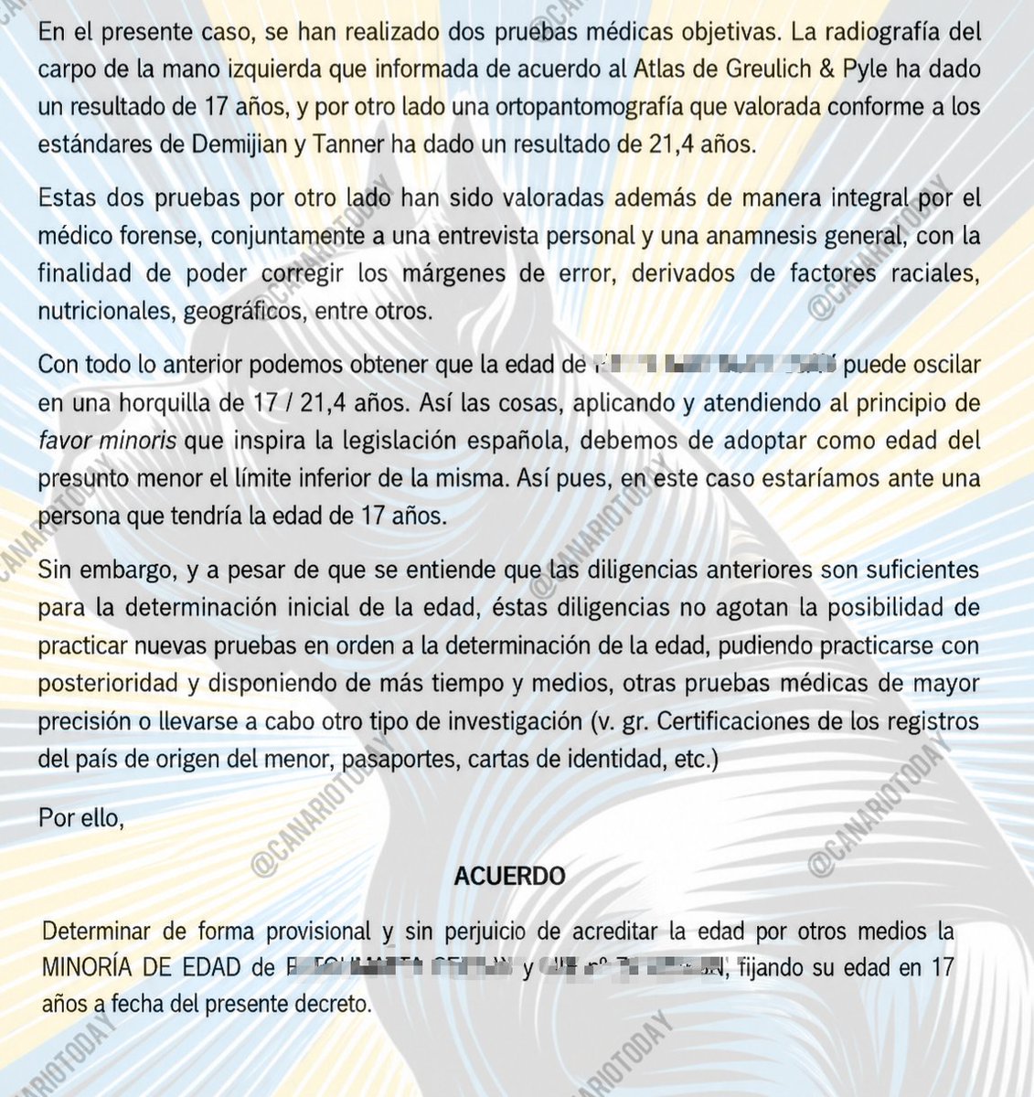 CanarioToday's tweet photo. 💥 #EXCLUSIVA | De adulto según la prueba dental a MENA por decisión administrativa.

La valoración dental de un inmigrante ilegal en Canarias, estimó una edad de 21,4 años, mientras que la radiografía del carpo estimó 17 años. 

En medicina forense, la maduración ósea de la mano presenta importantes limitaciones cuando se aproxima la mayoría de edad, mientras que el desarrollo dental sigue aportando capacidad de discriminación entre adolescentes y adultos jóvenes.

Pese a ello, no se adopta la estimación que apunta a la mayoría de edad, sino la más favorable al interesado. El resultado es que una persona para la que existe una valoración pericial compatible con más de 21 años acaba siendo tratada como menor.

Cuando ante una discrepancia tan significativa se escoge sistemáticamente la edad más baja, el procedimiento deja de estar orientado a determinar la edad real y pasa a priorizar el escenario más beneficioso para el examinado.

Así hay miles y miles de falsos MENAs en España.