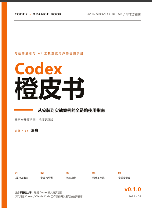 Smartpigai's tweet photo. 终于有人把 Codex 的「从安装到真正干活」整理成一本免费开源中文橙皮书了。

它不只是告诉你有哪些命令，而是试图讲清楚完整链路：如何开始、怎样和 Agent 协作，以及如何把 Codex 真正放进项目工作流。

官方文档告诉你“它能做什么”，社区指南更像是在回答：“我到底该怎么用？”

值得收藏，边用边查👇

https://t.co/gV73HFJlEs