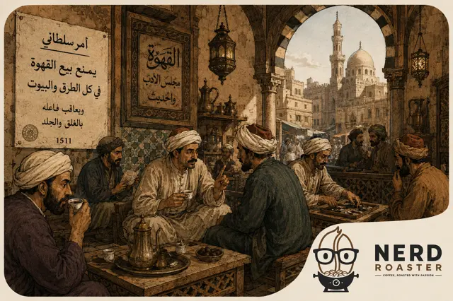 Nerd_Roaster's tweet photo. Long before it became a morning ritual, coffee was a forbidden drink. Trace the historical origins of the 1511 Mecca coffee ban, where public coffeehouses were outlawed as threats to public order, only for an empire to eventually embrace it. (1/4) 🧵 https://t.co/YnIMMIQrb8