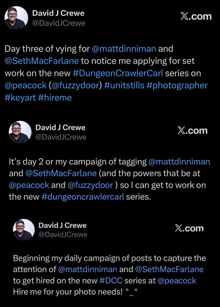 DavidJCrewe's tweet photo. Day four of applying to work in the new #DungeonCrawlerCarl series on @peacock with @mattdinniman and @SethMacFarlane (@fuzzydoor ). Can I be your photo guy? https://t.co/BWvet9NBXr