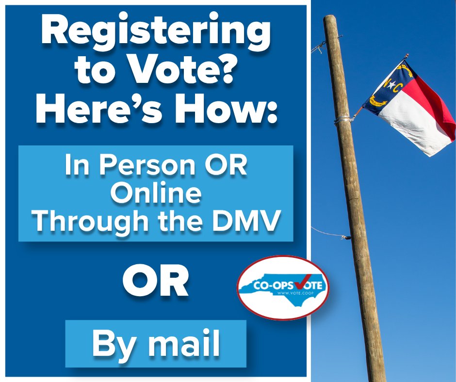 nccoopsvote's tweet photo. In North Carolina, you can register to vote by mail, online, or in person through the DMV!  Learn more at the NC State Board of Elections website 🗳️: https://t.co/yQZ7RQRSxz
#CoopsVote #ncpol https://t.co/YEuyL4lDY5