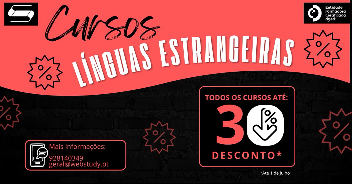 CentroWebstudy's tweet photo. Semana das Línguas Estrangeiras
Desconto de 30% em todos os cursos e especializações!
Mais informações: geral@webstudy.pt https://t.co/16pR2aDQtc