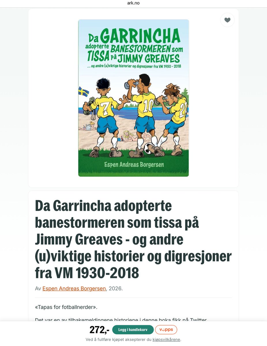 EspenBorgers's tweet photo. "Da Garrincha adopterte banestormeren som tissa på Jimmy Greaves", som er basert på trådene under #VMoppsummering, er nå tilgjengelig hos https://t.co/GjUPaw7AfP, https://t.co/3Gbc7lN7MI og der du ellers kjøper bøker. Rask levering fra @ForzaSecondHand som får inn boka fredag. https://t.co/7tEOdasIEE
