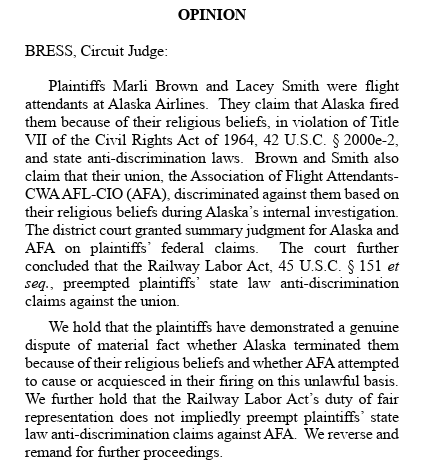 EWess92's tweet photo. Alaska airlines weighed in on the culture wars by announcing their support for the Orwellian-ly named "Equality Act" on their internal forum. Two Christian flight attendants asked polite questions based on religious objections. They were fired. Judge Bress reverses dismissal. https://t.co/5BBOQdanQn