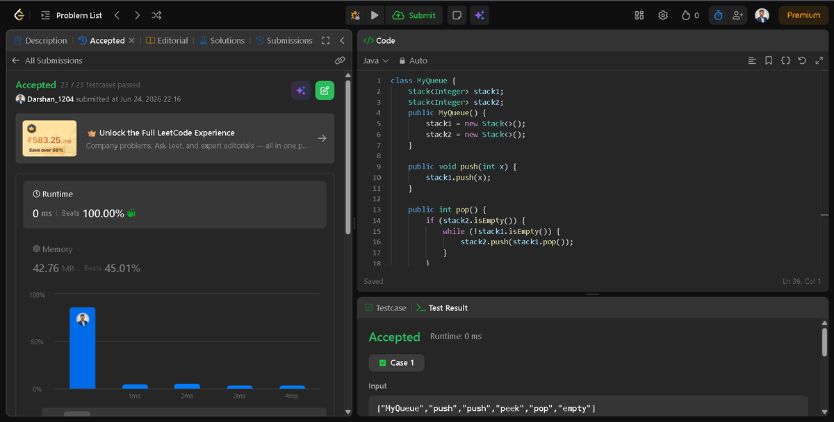 Darshan2042's tweet photo. 📅Day 24/45 of #SDESheetChallenge @takeUforward_
@striver_79 
-----------Today's Topic: Stacks and Queue ------------  
🔹Implement Stack using Arrays
🔹Implement Queue using Arrays
🔹Implement Stack using Queue
🔹Implement Queue using Stack
#DataStructures #CodingJourney #Java https://t.co/BCZeR6blsO