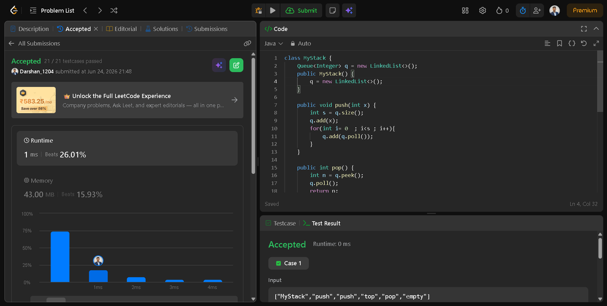 Darshan2042's tweet photo. 📅Day 24/45 of #SDESheetChallenge @takeUforward_
@striver_79 
-----------Today's Topic: Stacks and Queue ------------  
🔹Implement Stack using Arrays
🔹Implement Queue using Arrays
🔹Implement Stack using Queue
🔹Implement Queue using Stack
#DataStructures #CodingJourney #Java https://t.co/BCZeR6blsO
