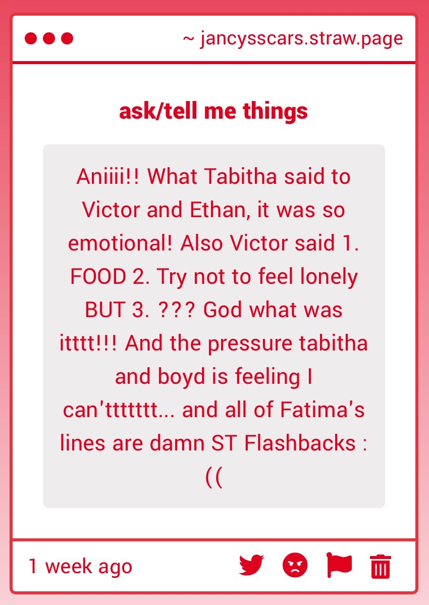 amberofwest's tweet photo. sorry for answering this more than a week late (i was going through it in my personal life) yes omg i wondered about no 3 too i think they left that out on purpose and yeah the tabitha victor ethan scene was so emotional and fatima is finally beating her useless allegations yay https://t.co/kr7hqfqOJb