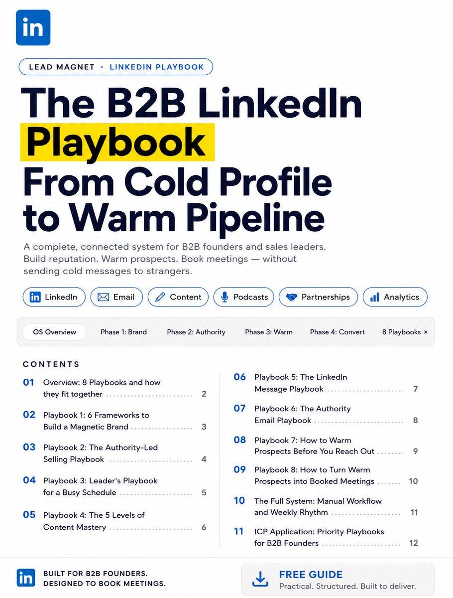 AlfieJCarter's tweet photo. We've been able to book calls from LinkedIn without pitching once in a connection request or first DM

Founders and sales leaders running this system are converting warm LinkedIn prospects to booked meetings without their outreach looking like anyone else's in the inbox

The system handles the reputation layer, the warming layer, and the conversion layer so by the time a message is sent the prospect already knows your name

Building a magnetic LinkedIn profile and content system that warms your audience before you send a single message, posting on a minimum viable rhythm that compounds over time without burning out, warming every target prospect through genuine engagement over 2 to 3 weeks until they move from cold to warm to hot, then sending a 4-message sequence from connection accepted to booked meeting where no calendar link appears before message 3 and no message could have been sent to anyone else

Each person running the full 8-playbook system books calls with people who reply as if they already wanted to hear from them

RT, follow + comment "PLAYBOOK" and I'll show you how we do it