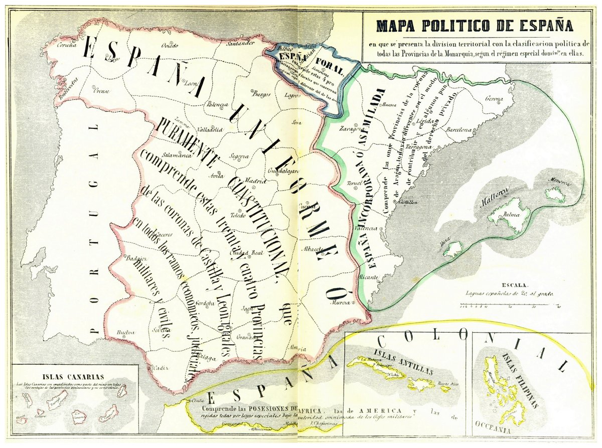 efemarq's tweet photo. Això és un mapa de 1857 d'aquest desastre que fa segles que patim anomenat Espanya. Gaudí era un nen de 5 anys. Havia nascut a Reus, que segons el mapa era a l'"España Incorporada ó Asimilada". Astorga i Lleó eren a l'"España Uniforme o Puramente Constitucional". Dos mons apart. https://t.co/jicvVIX9f0