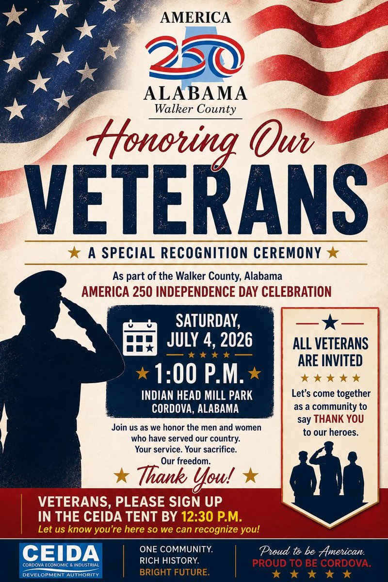 TV25HD's tweet photo. Cordova Preparing for Massive Independence Day Celebration

CORDOVA, Ala. — Residents from across Walker County are invited to gather in Cordova on July 4 for what organizers are calling one of the area’s largest Independence Day celebrations, honoring both America’s birthday and the nation’s upcoming 250th anniversary.

The event will take place from noon until 10 p.m. at Indian Head Mill Park, located at 411 School Street in Cordova. Activities throughout the day will include live music, food trucks, vendors, a kids zone with inflatables, yard games, contests, and a parade.

Music lovers can enjoy performances by M-80s and Rock Mob, while classic car enthusiasts can take part in the popular Cruise-In on Main event.

The celebration will conclude with a spectacular fireworks show at 9 p.m., providing a patriotic finale for families and visitors.

Organizers say the event is designed to bring the community together while celebrating 250 years of American freedom as part of Walker County’s America 250 festivities.