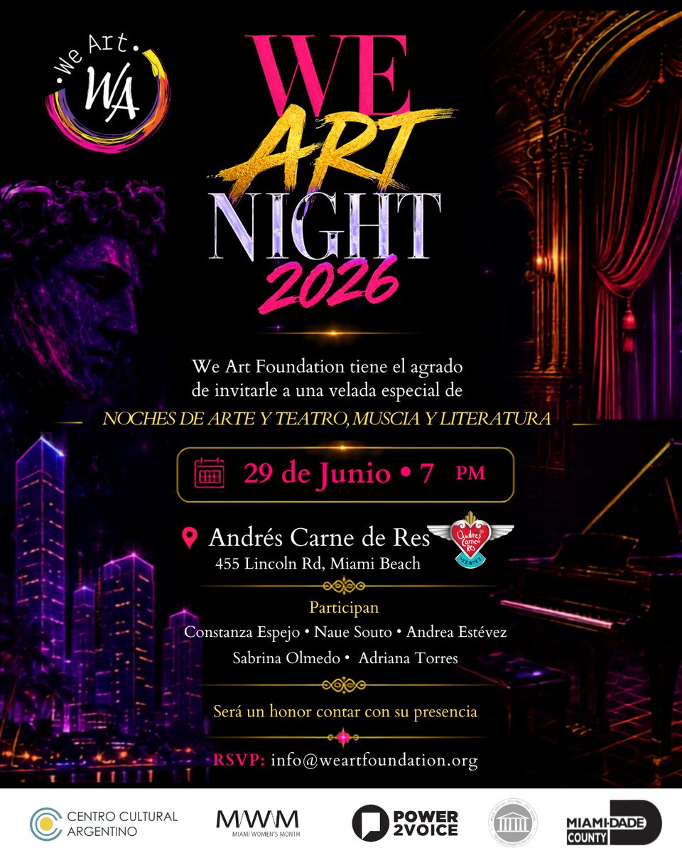 cca_miami's tweet photo. ¡Los invitamos a nuestro próximo evento: We Art Night 2026 – Noches de Arte, Teatro, Música y Literatura! ✨🎭🎶📚
Los esperamos el 29 de junio a las 7:00 PM en Andrés Carne de Res (455 Lincoln Rd, Miami Beach) para compartir una noche especial dedicada al arte y la cultura. + https://t.co/dtqDx9tV4R