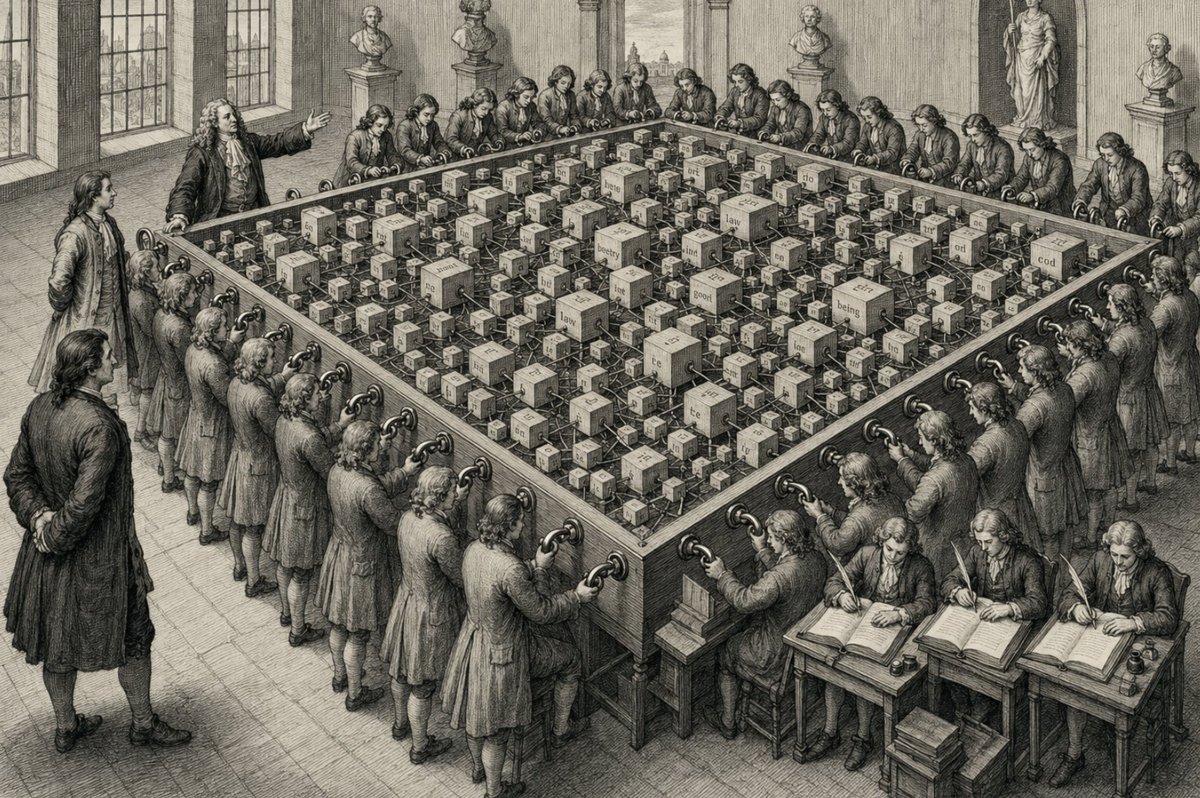 David_Gunkel's tweet photo. - The Différance Engine - 
A prototype of the #LLM is described in Part III, ch. 5 of Jonathan Swift's "Gulliver Travel's" with the description of the "Engine" of the Great Academy of Lagado. I prompted ChatGPT to generate an image based on Swift's characterization. https://t.co/YYJXerCmjy