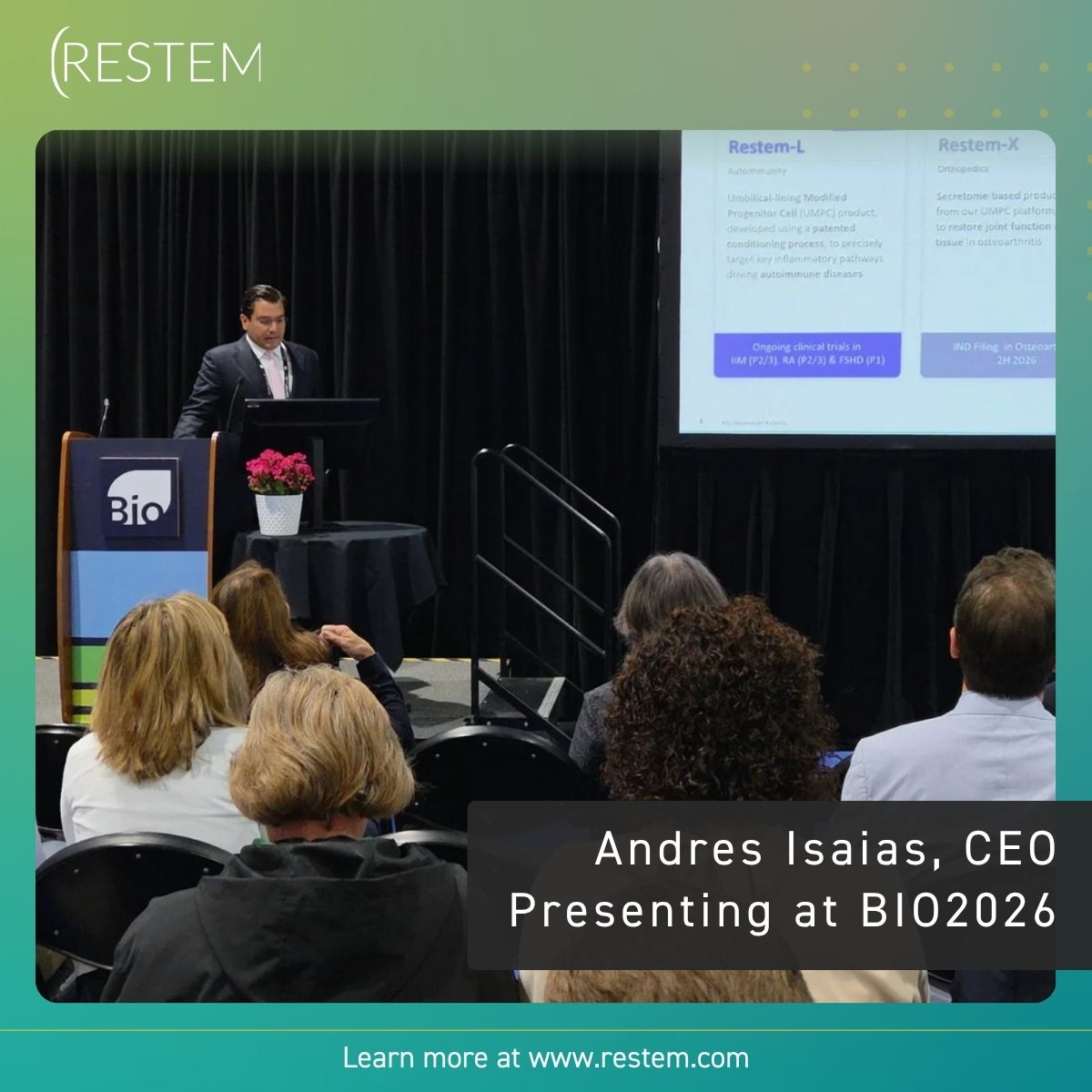 restem_us's tweet photo. A great moment from yesterday's BIO International Convention, where RESTEM CEO Andres Isaias presented on the future of cell and gene therapy and next-generation treatment approaches.

#BIO2026 #Celltherapy #GeneTherapy https://t.co/gYq2rwgT6n
