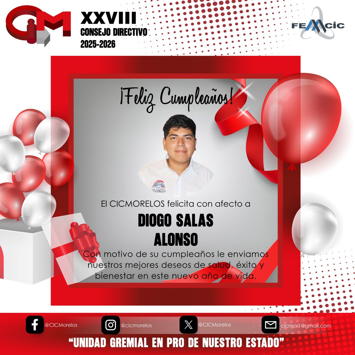 CICMorelos's tweet photo. Hoy 24 de junio, el 𝗖𝗜𝗖𝗠𝗼𝗿𝗲𝗹𝗼𝘀 felicita con afecto a 𝗗𝗶𝗼𝗴𝗼 𝗦𝗮𝗹𝗮𝘀 𝗔𝗹𝗼𝗻𝘀𝗼, Secretario de la III Coordinación del Club Estudiantil, con motivo de su cumpleaños, le enviamos nuestros mejores deseos de salud, éxito y bienestar en este nuevo año de vida. https://t.co/n8D1vQwORW
