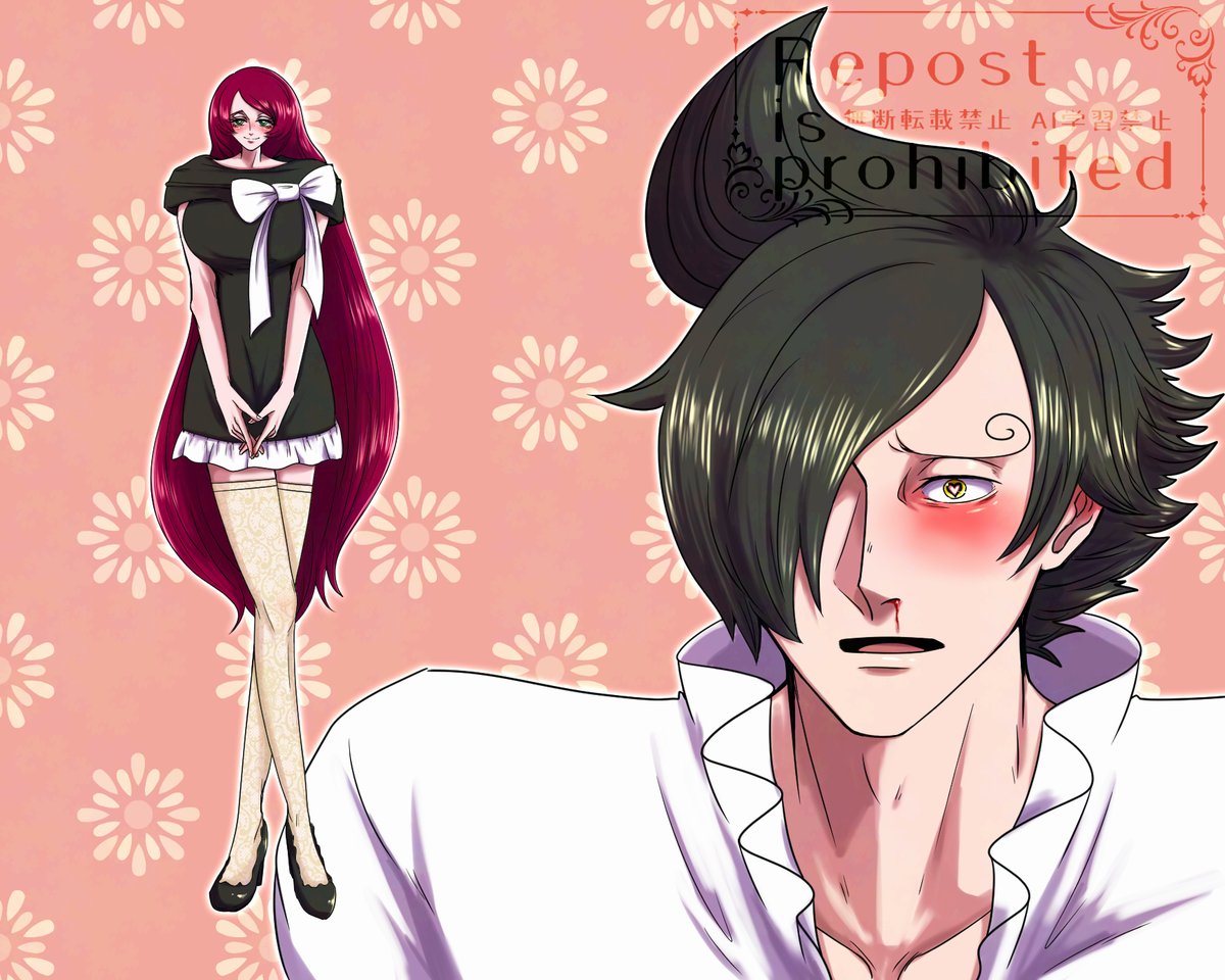 Maplepluplu's tweet photo. ※固定夢主　※夢絵
#ocxcanon

この前あげたミーム動画のやつ、頑張って描いたやつだから一枚絵バージョンもあげちゃう
それぞれの好み妄想しながら🐜ちゃんの衣装描くのがほんっとーに楽しかった
私は🕐のロングドレス🐜ちゃんが一番好みかな～ https://t.co/U2EYylEqlx