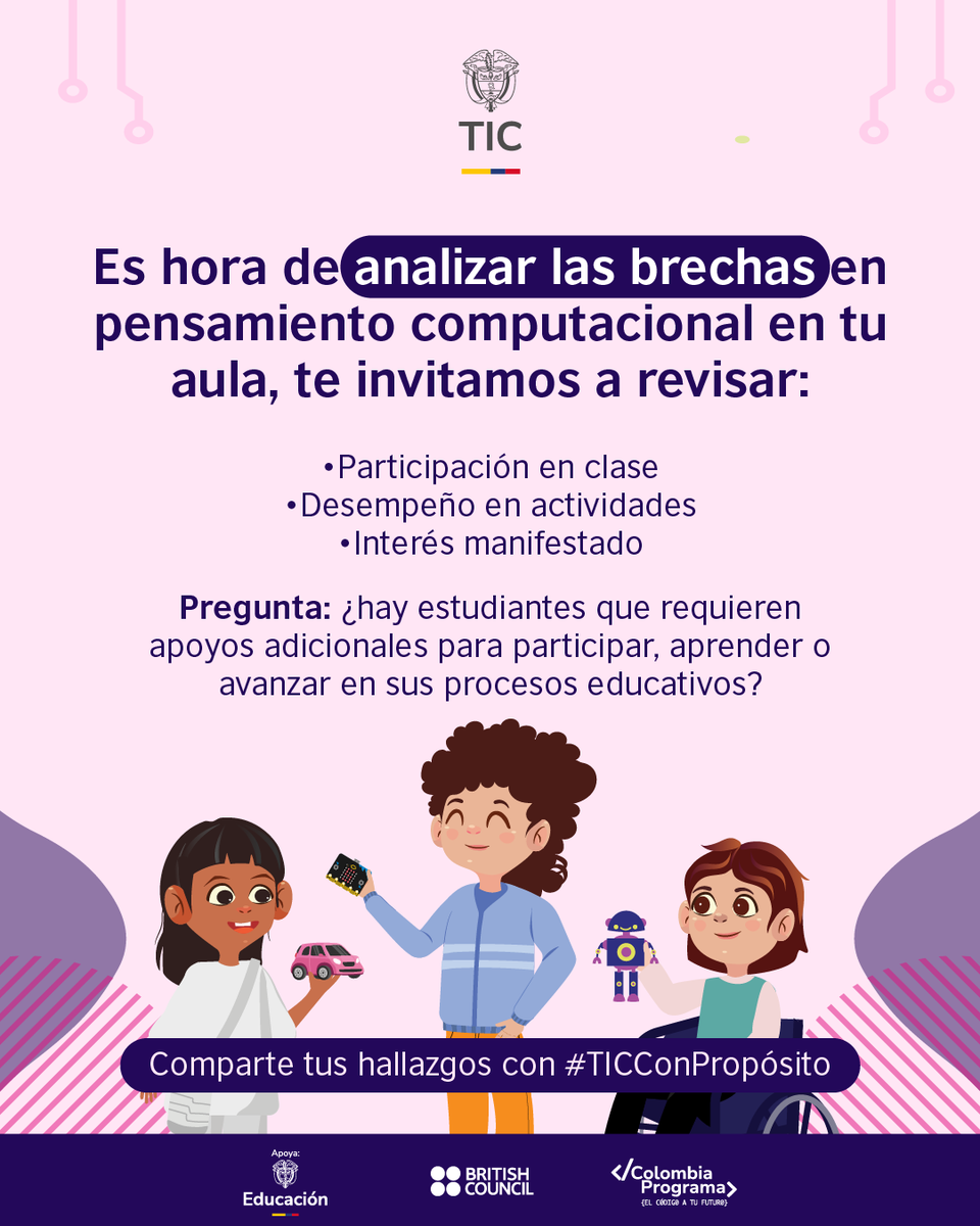 cobritish's tweet photo. Profe, como puedes observar en tu entorno, tus estudiantes son diferentes y requieren estrategias que permitan su participación equitativa en el aula.

Desde #ColombiaPrograma te invitamos a analizar la asistencia, participación y desempeño comparando, entre sus mismos grupos, niñas y niños, estudiantes con discapacidad, migrantes, indígenas o afrodescendientes.

Identificar brechas es el primer paso para cerrarlas. Cuéntanos qué encontraste con #TICConPropósito
