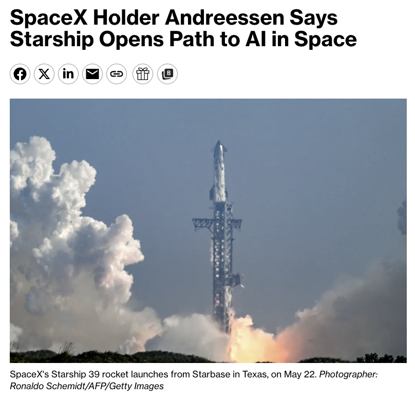 wallstengine's tweet photo. Andreessen Horowitz GP and SpaceX investor David George said Starship’s rapid reusability could open the path to orbital AI data centers.

He described the concept as “airplane-sized GPU racks in space.”

“At a minimum, orbital data centers will be incremental capacity that you can have in space on top of what we have on Earth.”

“What makes us so excited about the business is all of the things that can go right for SpaceX.”

Starship is still in testing. Its latest flight delivered mock satellites to orbit in May, but SpaceX has not yet used it to deploy a commercial payload.