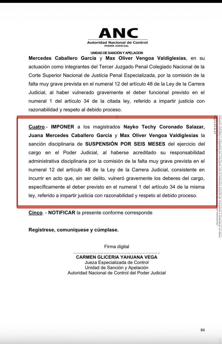 wilbermedinab's tweet photo. 🚨Último: @ANC_PJ_Oficial impone sanción ejemplar contra jueces: Coronado, Caballero y Vengoa por ejecutar condena contra @Ollanta_HumalaT sin que exista sentencia escrita, motivada y menos notificada 👀👇la justicia tarda pero llega https://t.co/5LtNg2HRKD
