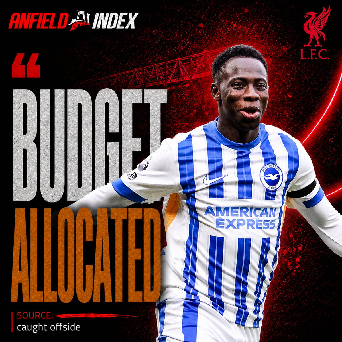 AnfieldIndex's tweet photo. 🚨@caughtoffside: If #LFC decide Leipzig’s price is too high, Brighton winger Yankuba Minteh is expected to become one of the first names they move for. A budget of around £40m has been allocated for the 21-year-old. https://t.co/OBlnXnV6KX