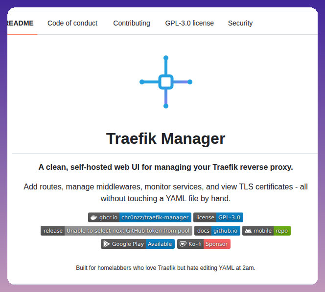 tom_doerr's tweet photo. Self-hosted web UI for managing your Traefik reverse proxy without manual YAML editing.

https://t.co/3l62l2uAGC https://t.co/mSYV3ucl15