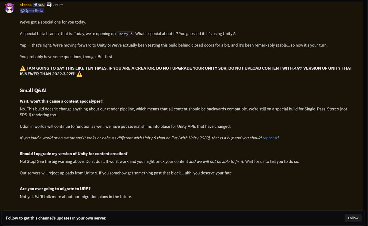 SadlyItsBradley's tweet photo. VRChat has released a new beta branch for developers that allows them to now test out engine upgrades to Unity 6

They HEAVILY warn creators to not upgrade your Unity SDK as of right now. Or try to upload content with any version of Unity newer than 2022.3.22f1! https://t.co/VmvjfQwF9D