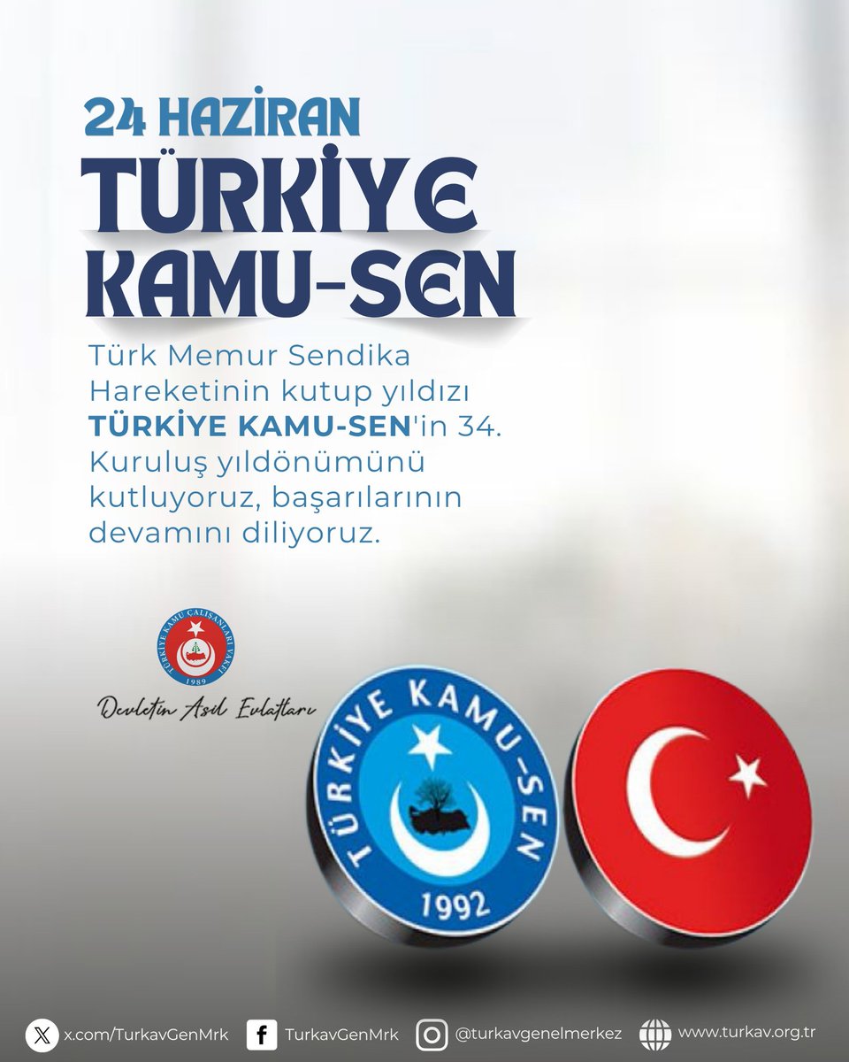 TurkavGenMrk's tweet photo. “HAKKIN VE EMEĞİN YANINDA 34 YIL”
24 Haziran 1992 tarihinde, "İlkemiz Önce Ülkemiz" diyerek yola çıkan Türkiye Kamu-Sen'in kuruluşunun 34. yılını kutluyoruz. https://t.co/7GwcnJKNeF