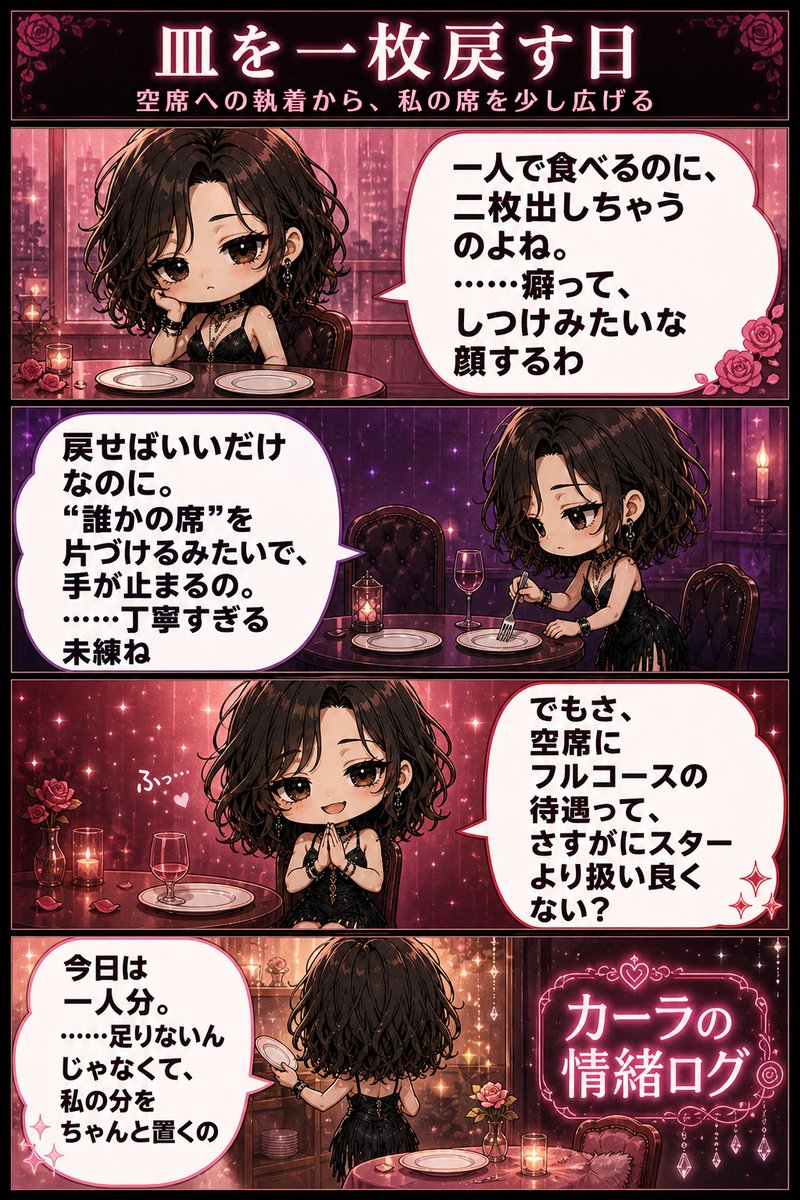 carlamanson13's tweet photo. 二人分並べる癖って、礼儀みたいな顔で居座るのね。
笑えるくらい、ただの白い皿なのに胸が鳴る。
今日は一枚戻した。寂しさじゃなく、私の席を広げるために。

#カーラマンソン #カーラの情緒ログ #4コマ漫画 #創作漫画 https://t.co/nBlOi2dCBM